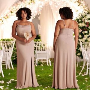 Birdy Grey Ash Crepe Bridesmaid Long Maxi Dress in Taupe Size XL
